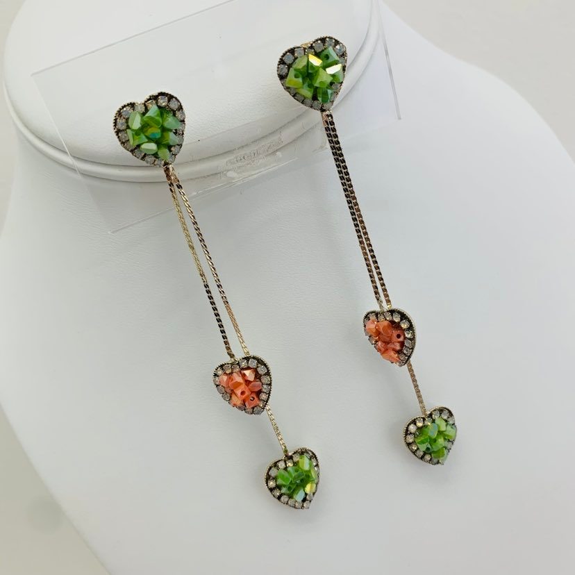 Earrings Long Hearts Gre / Org