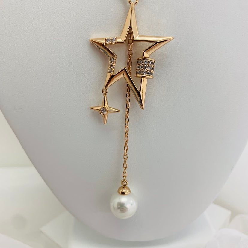 Necklace 18K  Long Star with Pearl