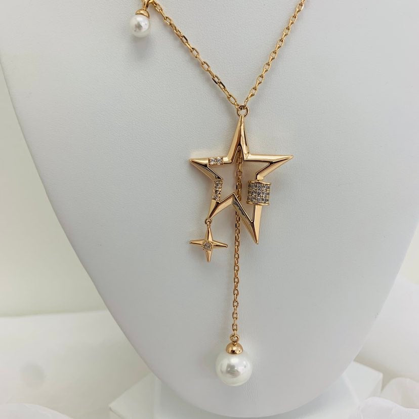 Necklace 18K  Long Star with Pearl