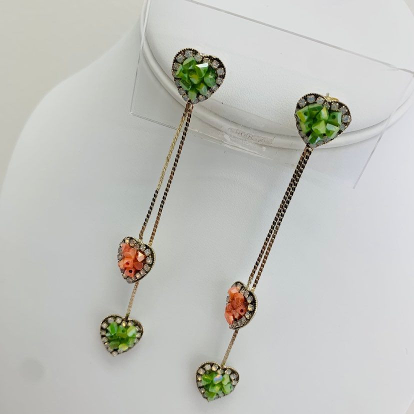 Earrings Long Hearts Gre / Org