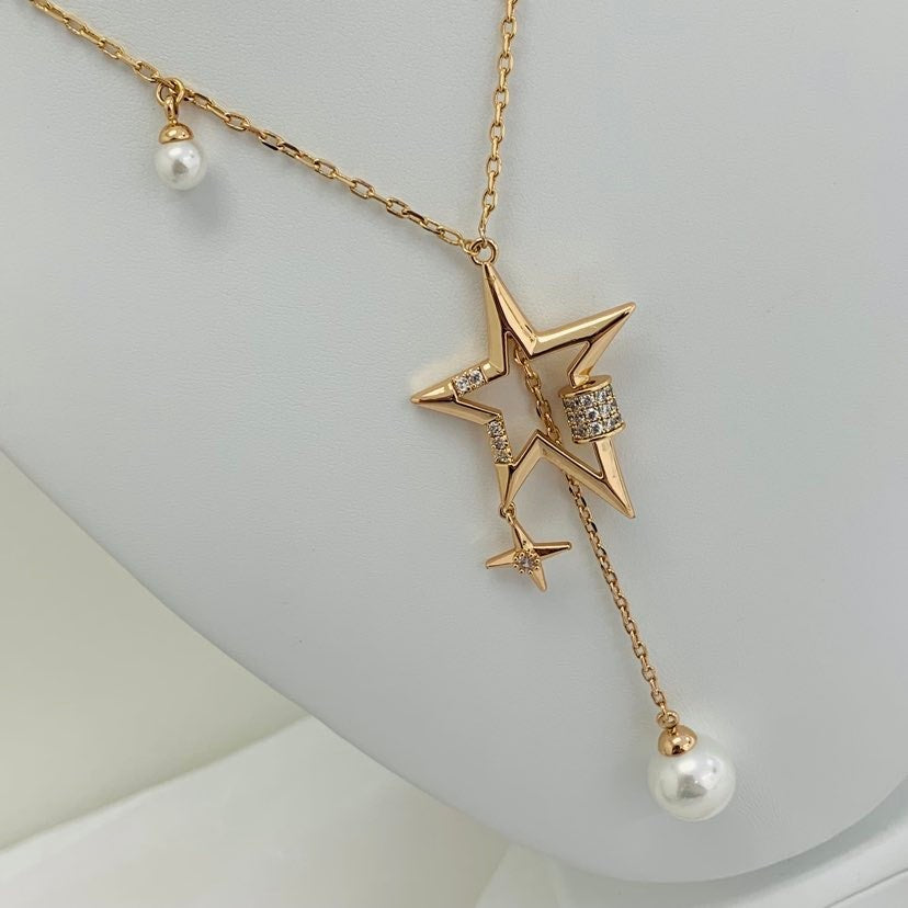 Necklace 18K  Long Star with Pearl